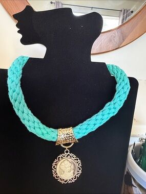 Turquoise Braided Necklace with Gold Medallion Pendant